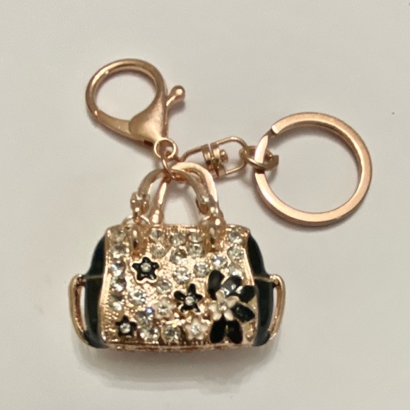 2-Way, Black Floral Rhinestone Handbag Charm- Key Chain - Picture 9 of 10